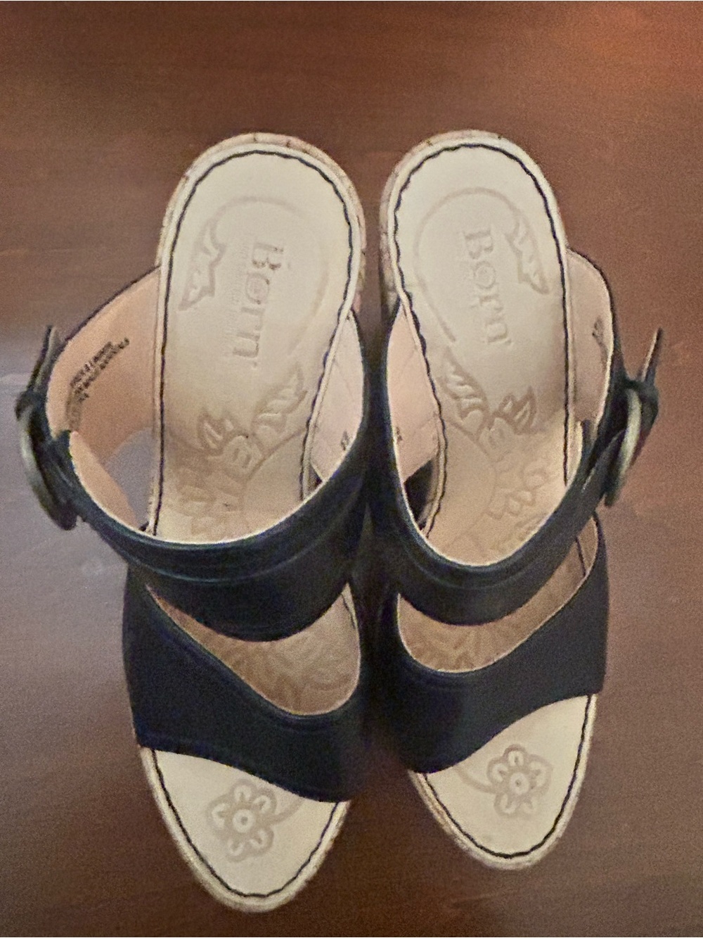 BORN Black Leather Cork Wedge Sandals Classic Slide with Buckle size 9 - Picture 6 of 13